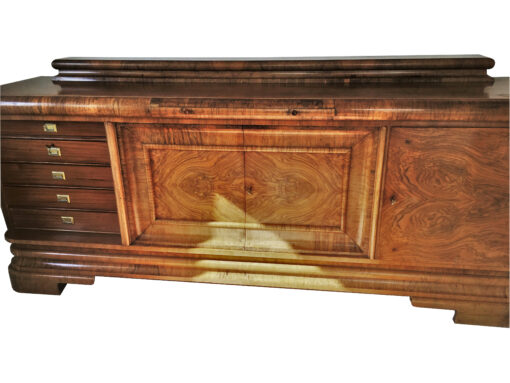 Art Deco Walnuss Sideboard, wundervolle Maserung, viel Stauraum, rote Marmorplatte, Original, Walnussholz, Moebel, Buffet, Aufbewahrung