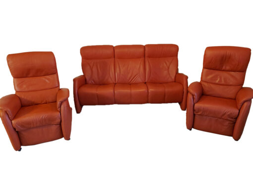 Red Leather 3-Seat Sofa, 2 Matching Armchairs